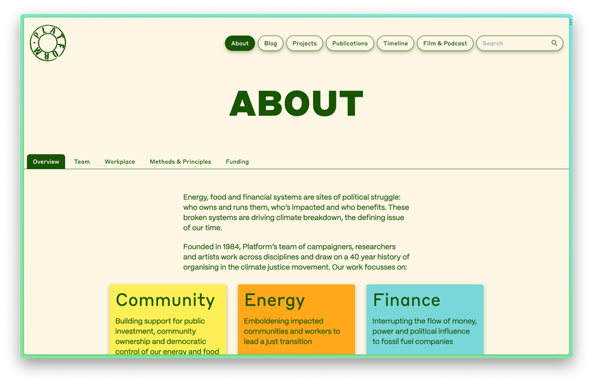 About page with tabbed subpages