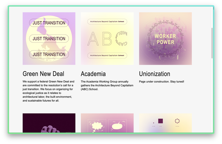 Screenshot of the Working Groups page, with three blocks visible: Green New Deal, Academia and Unionisation
