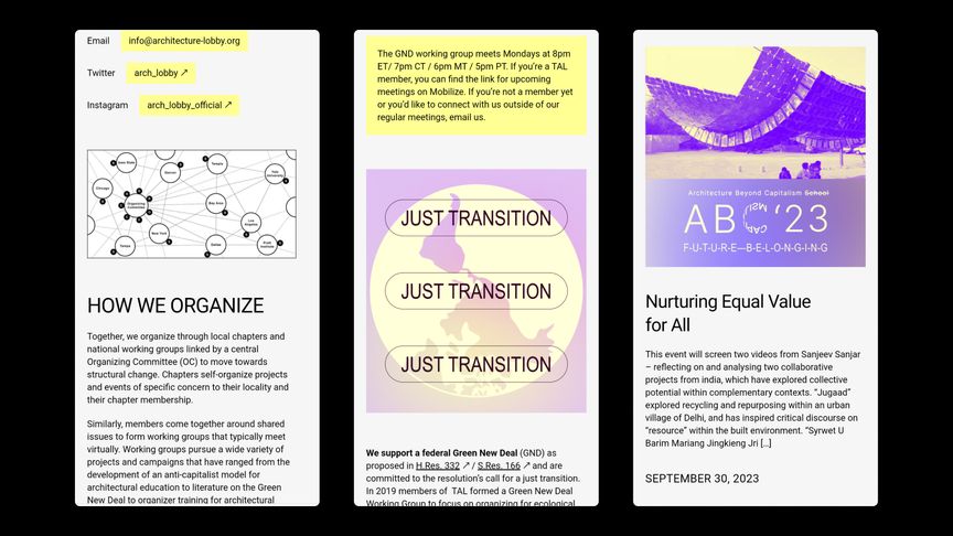 Three screenshots of the mobile website, showing how they organise, the just transition group and an upcoming event.